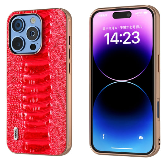 For iPhone 16 Pro ABEEL Electroplating Frame Genuine Leather Weilai Series Phone Case(Red) - iPhone 16 Pro Cases by buy2fix | Online Shopping UK | buy2fix