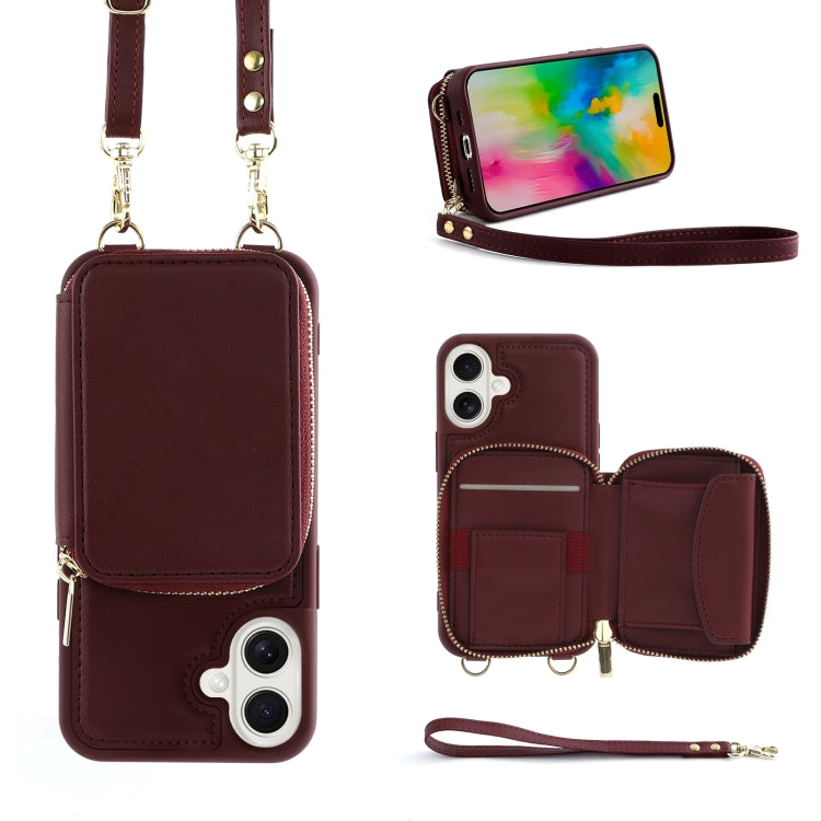 For iPhone 16 Plus Crossbody Zipper Wallet Bag Leather Phone Case with Lanyard(Wine Red) - iPhone 16 Plus Cases by buy2fix | Online Shopping UK | buy2fix