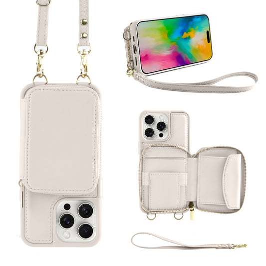 For iPhone 16 Pro Crossbody Zipper Wallet Bag Leather Phone Case with Lanyard(White) - iPhone 16 Pro Cases by buy2fix | Online Shopping UK | buy2fix