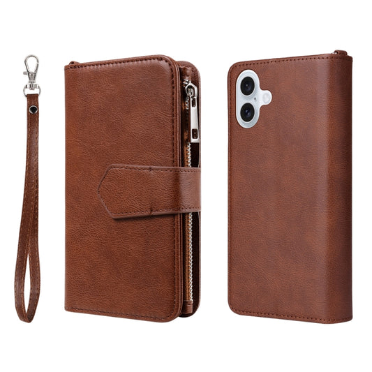 For iPhone 16 Plus Solid Color 2 in 1 Zipper Shockproof Phone Case(Brown) - iPhone 16 Plus Cases by buy2fix | Online Shopping UK | buy2fix