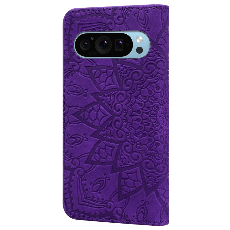 For Google Pixel 9 / 9 Pro Mandala Embossed Dual-Fold Calf Leather Phone Case(Purple) - Google Cases by buy2fix | Online Shopping UK | buy2fix