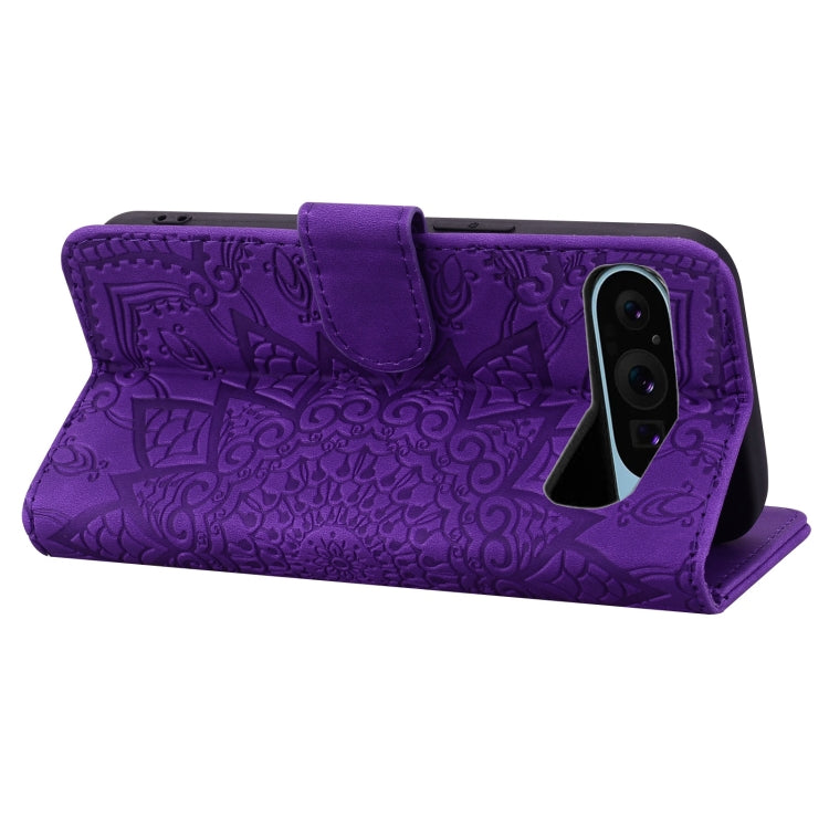 For Google Pixel 9 Pro XL Mandala Embossed Dual-Fold Calf Leather Phone Case(Purple) - Google Cases by buy2fix | Online Shopping UK | buy2fix