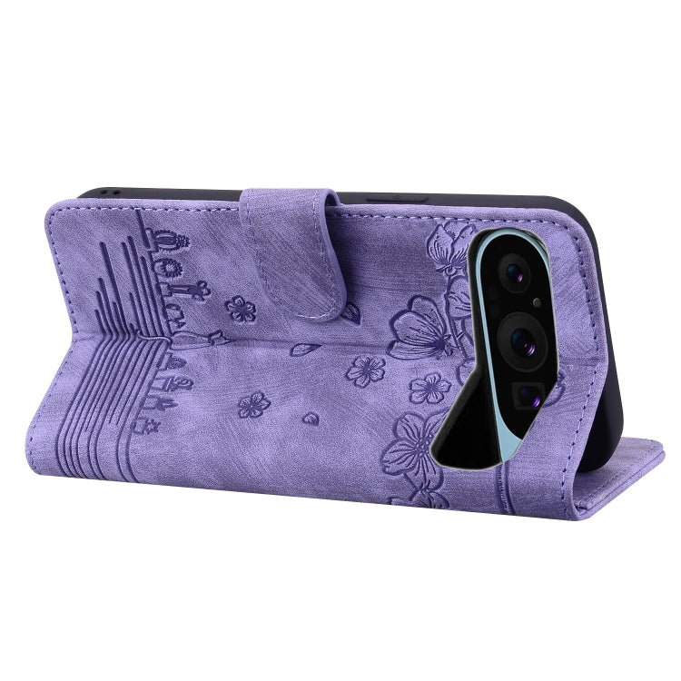 For Google Pixel 9 Pro XL Cartoon Sakura Cat Embossed Leather Phone Case(Purple) - Google Cases by buy2fix | Online Shopping UK | buy2fix