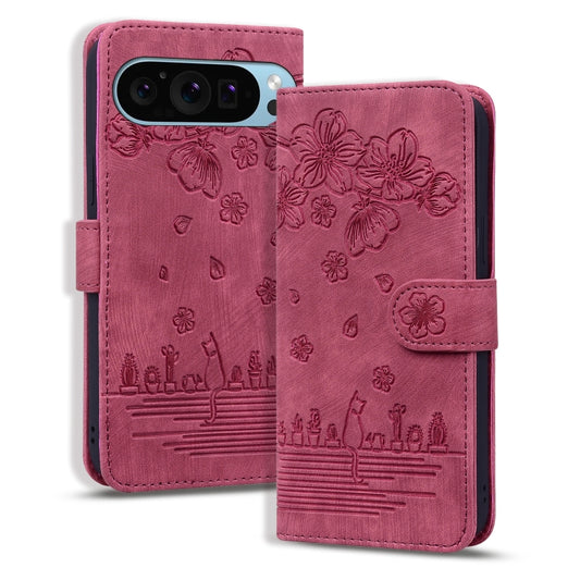 For Google Pixel 9 Pro XL Cartoon Sakura Cat Embossed Leather Phone Case(Red) - Google Cases by buy2fix | Online Shopping UK | buy2fix