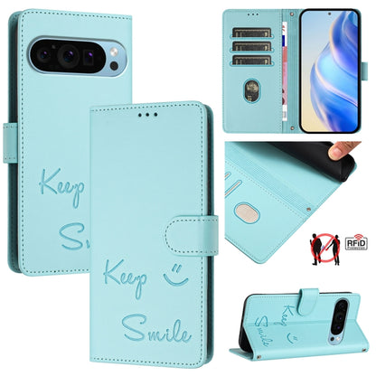 For Google Pixel 9 Pro XL Smile Embossing RFID Leather Phone Case(Mint Green) - Google Cases by buy2fix | Online Shopping UK | buy2fix