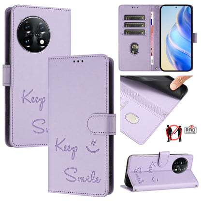 For OnePlus 11 Smile Embossing RFID Leather Phone Case(Light Purple) - OnePlus Cases by buy2fix | Online Shopping UK | buy2fix