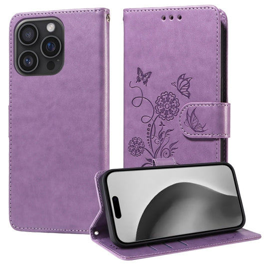 For iPhone 16 Pro Max Embossed Butterfly Flowers Leather Phone Case(Purple) - iPhone 16 Pro Max Cases by buy2fix | Online Shopping UK | buy2fix