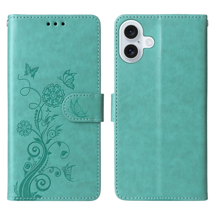 For iPhone 16 Embossed Butterfly Flowers Leather Phone Case(Green) - iPhone 16 Cases by buy2fix | Online Shopping UK | buy2fix