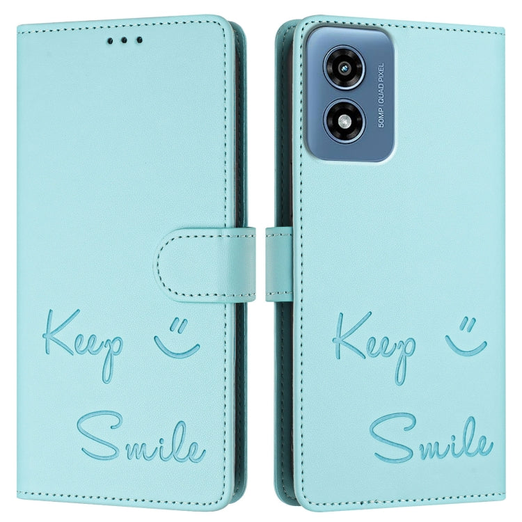 For Motorola Moto G Play 4G 2024 Global Smile Embossing RFID Leather Phone Case(Mint Green) - Motorola Cases by buy2fix | Online Shopping UK | buy2fix