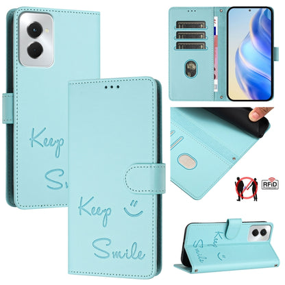 For Motorola Moto G Power 5G 2024 Smile Embossing RFID Leather Phone Case(Mint Green) - Motorola Cases by buy2fix | Online Shopping UK | buy2fix