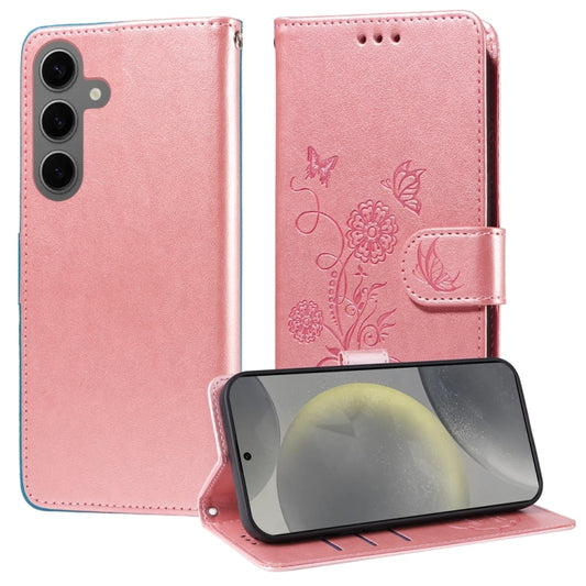 For Samsung Galaxy S25 5G Embossed Butterfly Flowers Leather Phone Case(Rose Gold) - Galaxy S25 5G Cases by buy2fix | Online Shopping UK | buy2fix