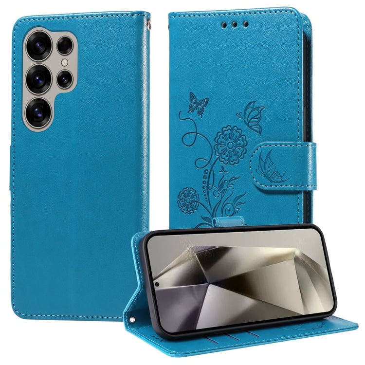 For Samsung Galaxy S25 Ultra 5G Embossed Butterfly Flowers Leather Phone Case(Blue) - Galaxy S25 Ultra 5G Cases by buy2fix | Online Shopping UK | buy2fix