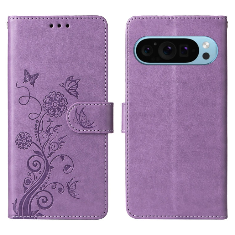 For Google Pixel 9 / 9 Pro Embossed Butterfly Flowers Leather Phone Case(Purple) - Google Cases by buy2fix | Online Shopping UK | buy2fix