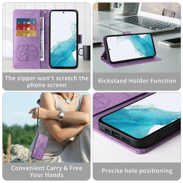 For Google Pixel 9 / 9 Pro Embossed Butterfly Flowers Leather Phone Case(Purple) - Google Cases by buy2fix | Online Shopping UK | buy2fix