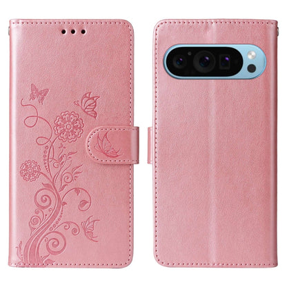 For Google Pixel 9 / 9 Pro Embossed Butterfly Flowers Leather Phone Case(Rose Gold) - Google Cases by buy2fix | Online Shopping UK | buy2fix