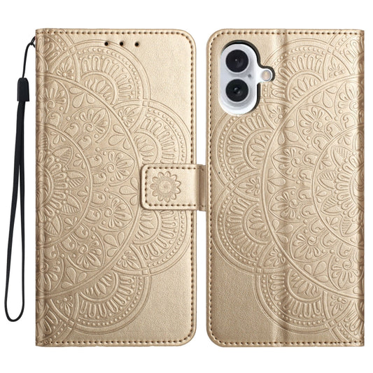 For iPhone 16 Flower Embossed Leather Phone Case(Gold) - iPhone 16 Cases by buy2fix | Online Shopping UK | buy2fix