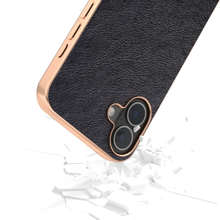 For iPhone 16 Nano Electroplating Dual Color Lichi Texture PU Phone Case(Black) - iPhone 16 Cases by buy2fix | Online Shopping UK | buy2fix