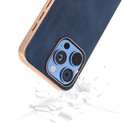 For iPhone 16 Pro Nano Electroplating Dual Color Cowhide Texture Protective Phone Case(Blue) - iPhone 16 Pro Cases by buy2fix | Online Shopping UK | buy2fix