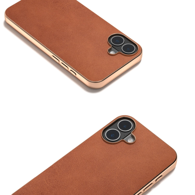 For iPhone 16 Plus Nano Electroplating Dual Color Cowhide Texture Protective Phone Case(Brown) - iPhone 16 Plus Cases by buy2fix | Online Shopping UK | buy2fix