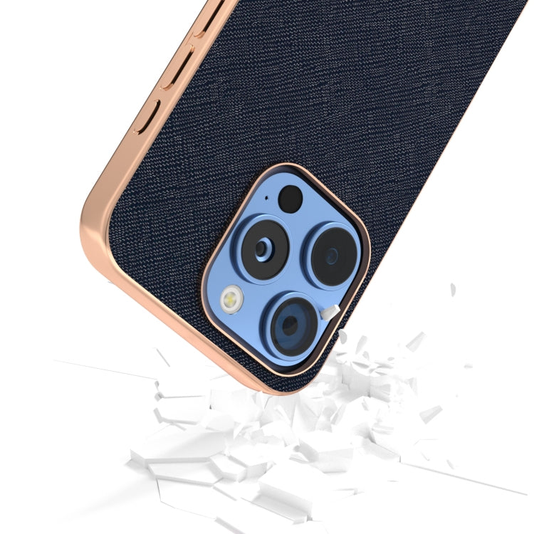 For iPhone 16 Pro ABEEL Electroplating Frame Cross Texture Genuine Leather Phone Case(Blue) - iPhone 16 Pro Cases by buy2fix | Online Shopping UK | buy2fix