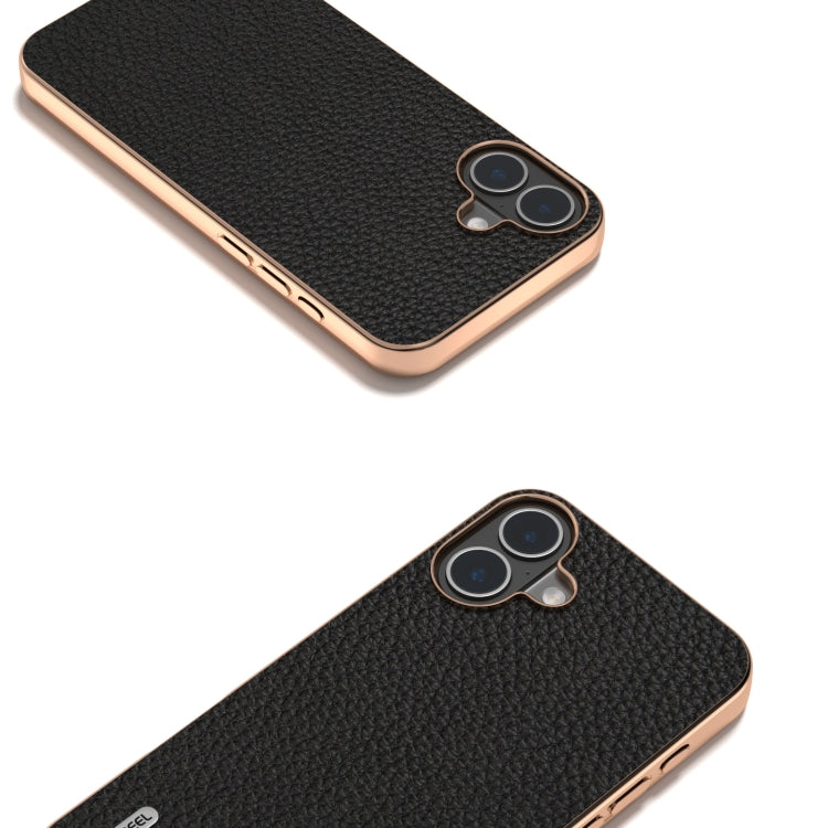 For iPhone 16 Plus ABEEL Electroplating Frame Genuine Leather Litchi Texture Phone Case(Black) - iPhone 16 Plus Cases by buy2fix | Online Shopping UK | buy2fix