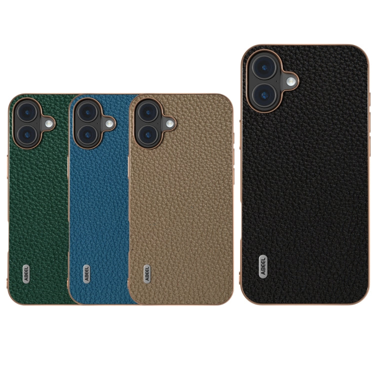 For iPhone 16 Plus ABEEL Electroplating Frame Genuine Leather Litchi Texture Phone Case(Black) - iPhone 16 Plus Cases by buy2fix | Online Shopping UK | buy2fix