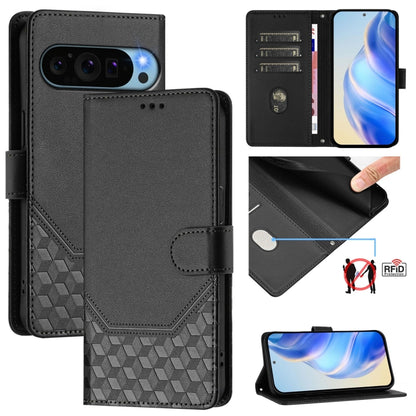 For Google Pixel 9 / 9 Pro Honeycomb Embossing RFID Leather Phone Case(Black) - Google Cases by buy2fix | Online Shopping UK | buy2fix