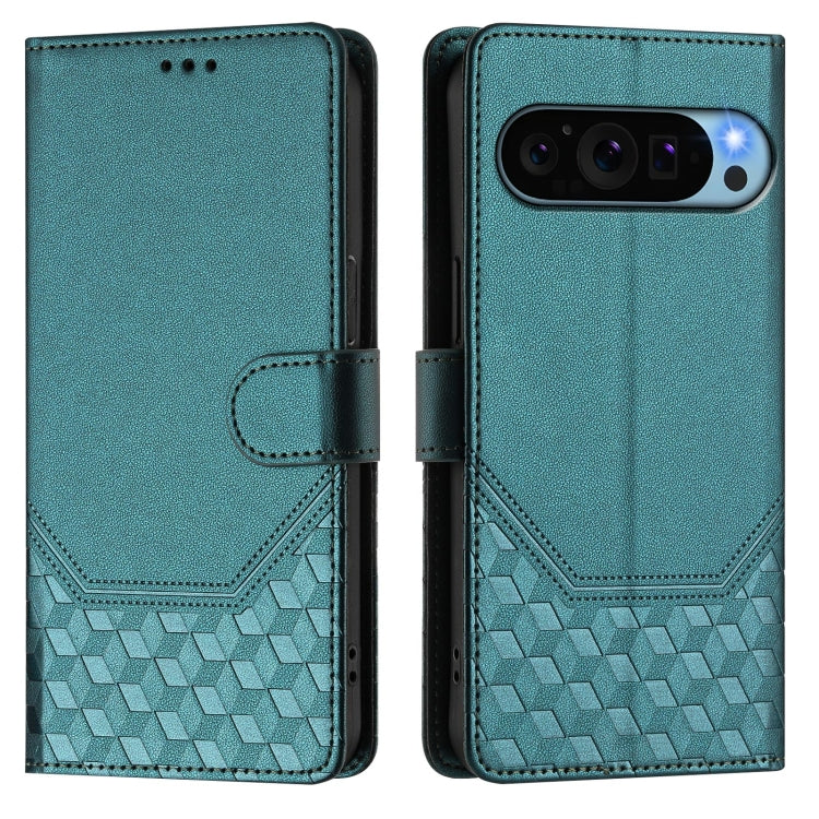 For Google Pixel 9 / 9 Pro Honeycomb Embossing RFID Leather Phone Case(Peacock Green) - Google Cases by buy2fix | Online Shopping UK | buy2fix