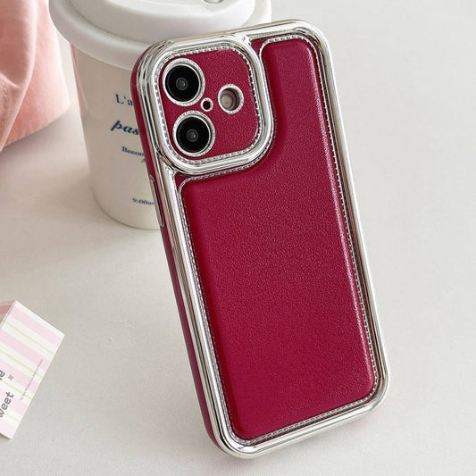 For iPhone 16 Electroplated Edge Frosted Leather TPU Phone Case(Wine Red) - iPhone 16 Cases by buy2fix | Online Shopping UK | buy2fix