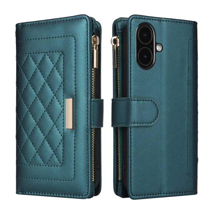 For iPhone 16 Plus Crossbody Zipper Wallet Rhombus Leather Phone Case(Green) - iPhone 16 Plus Cases by buy2fix | Online Shopping UK | buy2fix