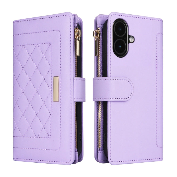 For iPhone 16 Crossbody Zipper Wallet Rhombus Leather Phone Case(Purple) - iPhone 16 Cases by buy2fix | Online Shopping UK | buy2fix