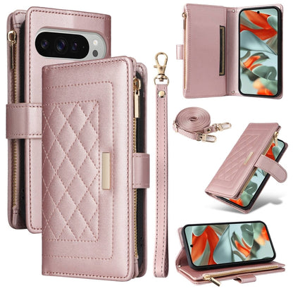 For Google Pixel 9 Pro XL Crossbody Zipper Wallet Rhombus Leather Phone Case(Rose Gold) - Google Cases by buy2fix | Online Shopping UK | buy2fix