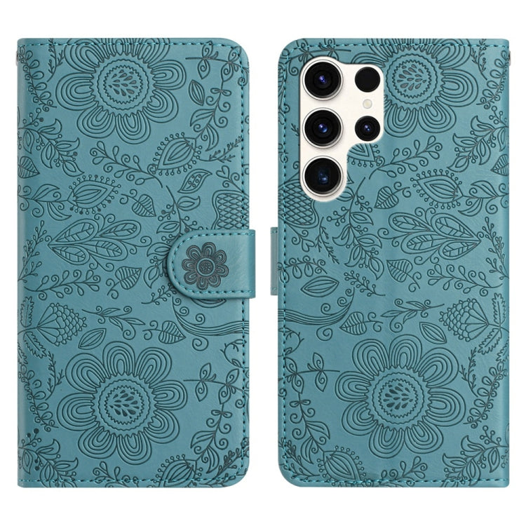 For Samsung Galaxy S25 Ultra 5G Floral Embossed Pattern Leather Phone Case(Dark Green) - Galaxy S25 Ultra 5G Cases by buy2fix | Online Shopping UK | buy2fix