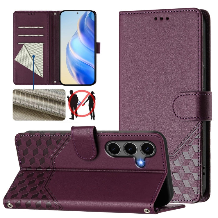 For Samsung Galaxy S25 5G Honeycomb Embossing RFID Leather Phone Case(Violet) - Galaxy S25 5G Cases by buy2fix | Online Shopping UK | buy2fix