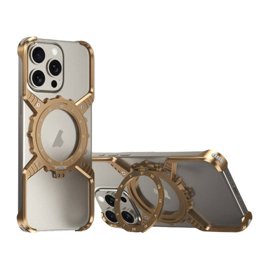 For iPhone 16 Plus / 15 Pro Max Mechanical Gear MagSafe Holder Borderless Metal Phone Case(Gold) - iPhone 16 Plus Cases by buy2fix | Online Shopping UK | buy2fix