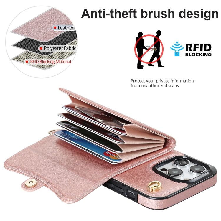 For iPhone 16 Pro Max RFID Card Slot Phone Case with Long Lanyard(Rose Gold) - iPhone 16 Pro Max Cases by buy2fix | Online Shopping UK | buy2fix