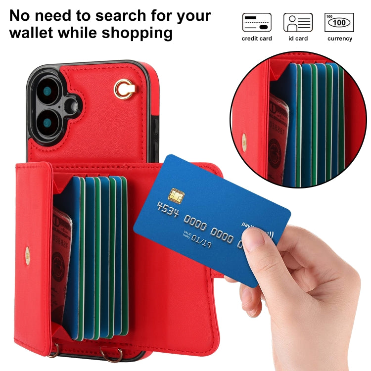 For iPhone 16 RFID Card Slot Phone Case with Long Lanyard(Red) - iPhone 16 Cases by buy2fix | Online Shopping UK | buy2fix