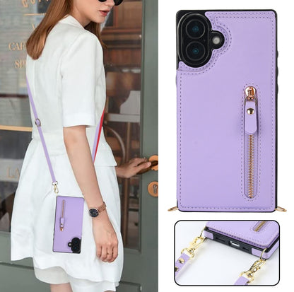 For iPhone 16 Cross-body Zipper Square Phone Case(Purple) - iPhone 16 Cases by buy2fix | Online Shopping UK | buy2fix