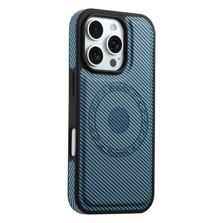 For iPhone 16 Pro Denior Carbon Fiber Texture Leather MagSafe Phone Case(Blue) - iPhone 16 Pro Cases by Denior | Online Shopping UK | buy2fix