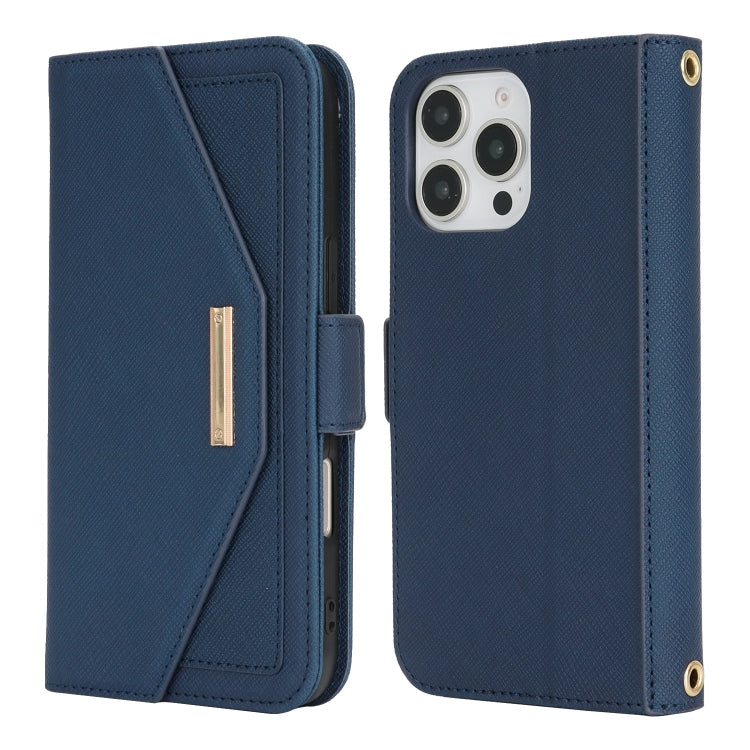 For iPhone 16 Pro Cross Texture Crossbody Lanyard Leather Phone Case(Blue) - iPhone 16 Pro Cases by buy2fix | Online Shopping UK | buy2fix