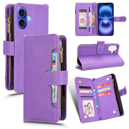 For iPhone 16 Litchi Texture Zipper Leather Phone Case(Purple) - iPhone 16 Cases by buy2fix | Online Shopping UK | buy2fix