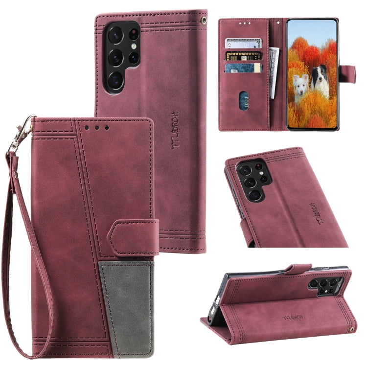 For Samsung Galaxy S25 Ultra 5G TTUDRCH Embossed Line Splicing Leather Phone Case(Wine Red) - Galaxy S25 Ultra 5G Cases by buy2fix | Online Shopping UK | buy2fix