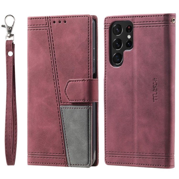 For Samsung Galaxy S25 Ultra 5G TTUDRCH Embossed Line Splicing Leather Phone Case(Wine Red) - Galaxy S25 Ultra 5G Cases by buy2fix | Online Shopping UK | buy2fix