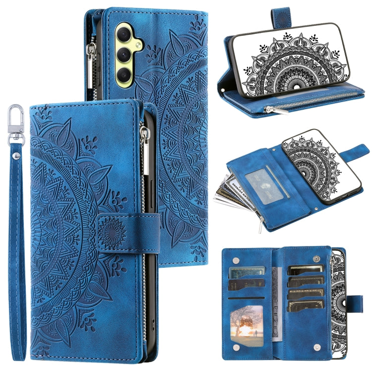 For Samsung Galaxy S25 5G Multi-Card Totem Zipper Leather Phone Case(Blue) - Galaxy S25 5G Cases by buy2fix | Online Shopping UK | buy2fix