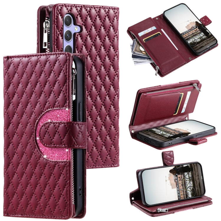 For Samsung Galaxy S25 5G Glitter Lattice Zipper Wallet Leather Phone Case(Wine Red) - Galaxy S25 5G Cases by buy2fix | Online Shopping UK | buy2fix