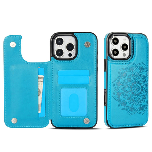 For iPhone 16 Pro Double Buckle Mandala Leather Wallet Back Cover Phone Case(Blue) - iPhone 16 Pro Cases by buy2fix | Online Shopping UK | buy2fix