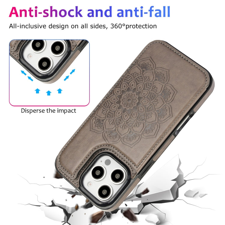 For iPhone 16 Pro Max Double Buckle Mandala Leather Wallet Back Cover Phone Case(Grey) - iPhone 16 Pro Max Cases by buy2fix | Online Shopping UK | buy2fix