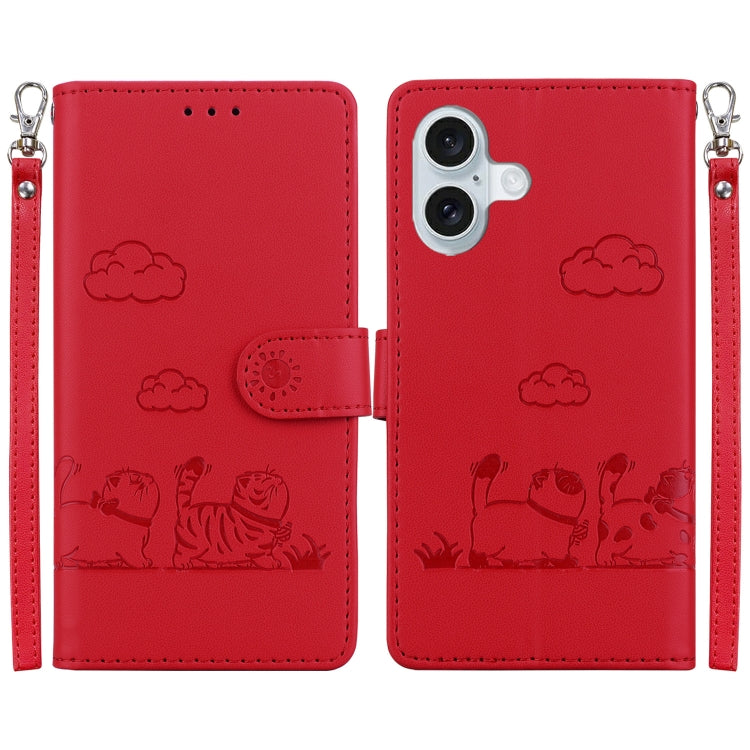 For iPhone 16 Plus Cute Cats RFID Leather Phone Case(Red) - iPhone 16 Plus Cases by buy2fix | Online Shopping UK | buy2fix