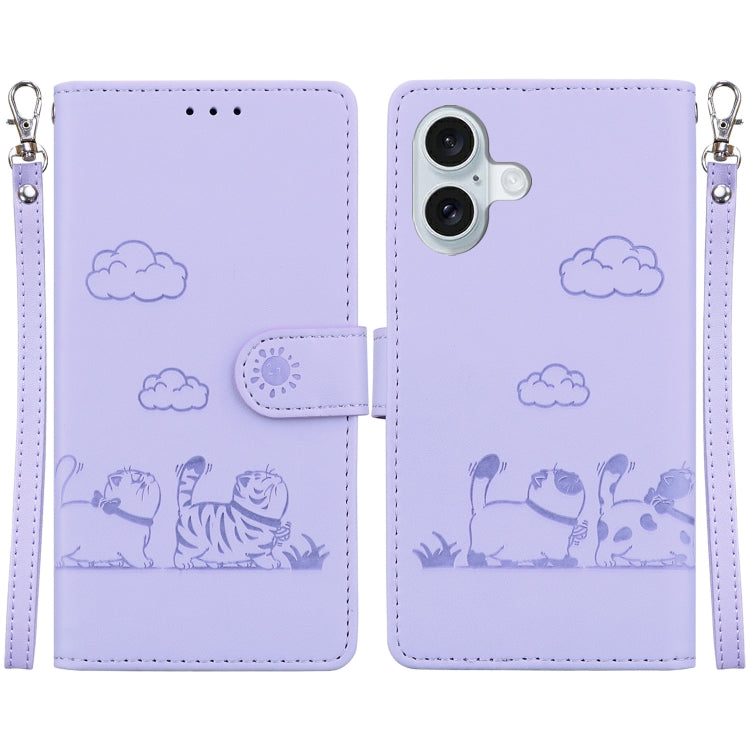 For iPhone 16 Cute Cats RFID Leather Phone Case(Purple) - iPhone 16 Cases by buy2fix | Online Shopping UK | buy2fix