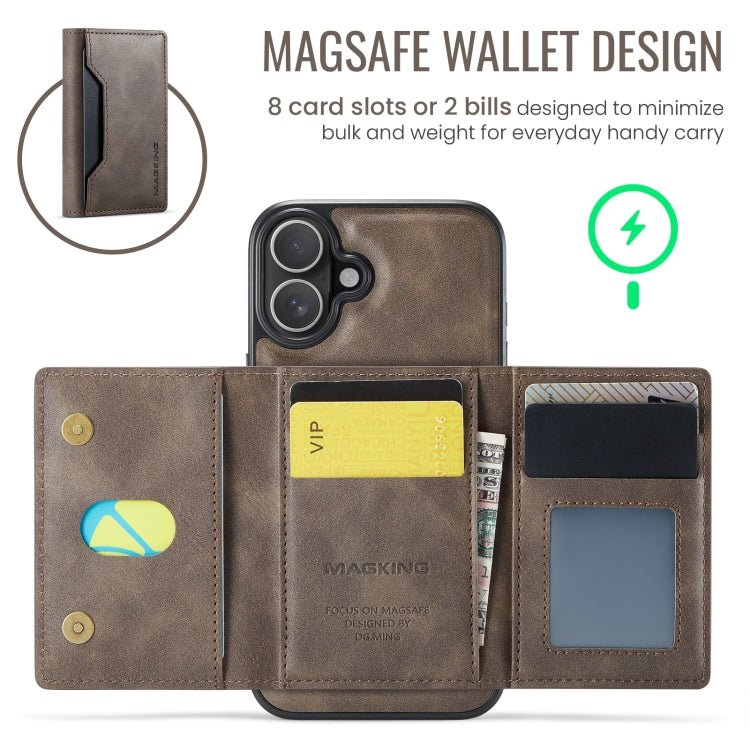 For iPhone 16 DG.MING MAGKING-K2 Series MagSafe RFID Card Bag Detachable Phone Case(Coffee) - iPhone 16 Cases by DG.MING | Online Shopping UK | buy2fix